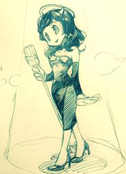 Rule 34 | 1girl, alice (bendy and the ink machine), bare shoulders, bendy and the ink machine, black hair, black lips, bow, breasts, detached sleeves, dress, gloves, high heels, horns, lipstick, ribbon, solo