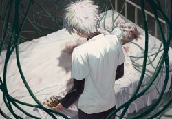 Rule 34 | 2boys, 540cat, bandages, bandage on face, bandaged head, bandages, bed, black shirt, black shorts, blood, blood stain, bloody bandages, from behind, gon freecss, hand grab, highres, hospital bed, hunter x hunter, killua zoldyck, layered sleeves, long sleeves, looking at another, looking down, lying, messy hair, multiple boys, on back, oxygen mask, pillow, plant, shadow, shirt, short over long sleeves, short sleeves, shorts, spiked hair, spoilers, stained sheets, turtleneck, upper body, vines, white hair, white shirt