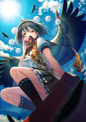 Rule 34 | 1girl, bird, black hair, black skirt, black socks, black wings, breasts, camera, chromatic aberration, cloud, commentary request, crow, day, feathered wings, feathers, hat, holding, holding camera, leaf print, looking at viewer, outdoors, pom pom (clothes), print scarf, red eyes, red hat, scarf, shameimaru aya, shirt, short hair, short sleeves, sitting, skirt, socks, solo, sun, tokin hat, touhou, unowen, white shirt, wings