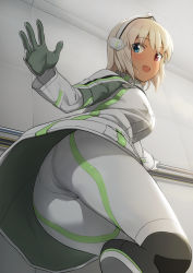 Rule 34 | 1girl, alice gear aegis, ass, black footwear, blonde hair, blue eyes, blush, boots, breasts, character request, coat, gloves, headgear, heterochromia, highres, large breasts, long hair, looking at viewer, looking back, medium breasts, military, military vehicle, motor vehicle, open mouth, pants, railing, red eyes, solo, tank, unpasu, white coat, white pants