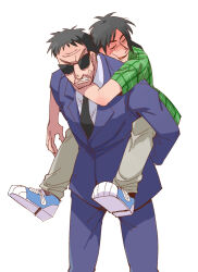 Rule 34 | 2boys, anger vein, angry, arm around neck, black hair, black necktie, blue footwear, brown pants, carrying, clenched teeth, closed eyes, commentary request, endou yuuji, feet out of frame, formal, full body, green shirt, grey jacket, grey pants, inudori, itou kaiji, jacket, kaiji, long hair, male focus, medium bangs, multiple boys, necktie, open mouth, pants, piggyback, plaid, plaid shirt, shirt, shoes, short bangs, short hair, short sleeves, simple background, smile, sneakers, suit, sunglasses, teeth, v-shaped eyebrows, white background