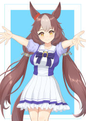 Rule 34 | 1girl, absurdres, animal ears, blue background, breasts, brown hair, closed mouth, collarbone, hair between eyes, hair ornament, highres, horse ears, horse girl, horse tail, incoming hug, long hair, looking at viewer, low twintails, medium breasts, outstretched arms, school uniform, simple background, smile, solo, spread arms, tail, twintails, umamusume, user edzt8284, yamanin zephyr (umamusume), yellow eyes