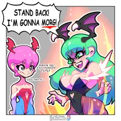 Rule 34 | black legwear, black leotard, breasts, cleavage, commentary, covered navel, english commentary, english text, green hair, hair behind ear, head wings, instagram username, it&#039;s morbin&#039; time (meme), large breasts, leotard, lilith aensland, marvel, meme, morbius (film), morrigan aensland, open hands, pantyhose, pink hair, red leotard, rob-boss-art, shaded face, short hair, siblings, sisters, smile, speech bubble, twitter username, v-shaped eyebrows, vampire (game), wings