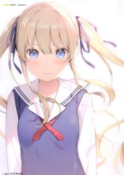 Rule 34 | 1girl, 6u (eternal land), absurdres, blonde hair, blue eyes, blush, bow, character name, closed mouth, collarbone, fang, fang out, hair bow, highres, long hair, long sleeves, looking at viewer, page number, sailor collar, scan, simple background, solo, sweater vest, twintails, upper body, wavy mouth, white background