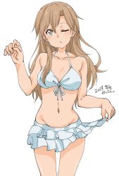 Rule 34 | 1girl, arashio (kancolle), artist name, bikini, bikini skirt, breasts, brown eyes, brown hair, collarbone, commentary request, cowboy shot, dated, frilled skirt, frills, front-tie top, groin, highres, kantai collection, long hair, looking at viewer, maonatten, medium breasts, navel, one-hour drawing challenge, one eye closed, parted lips, simple background, skirt, solo, standing, swimsuit, white background, white bikini
