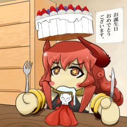 Rule 34 | + +, 1girl, blush stickers, cake, chibi, demon girl, drooling, food, fork, fruit, horns, knife, long hair, maou beluzel, object on head, original, red eyes, red hair, sitting, skull, solo, st926, strawberry, translated, very long hair, yuusha to maou