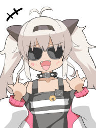 Rule 34 | 1girl, :d, antenna hair, blush, collar, commentary request, fangs, grey hair, highres, long hair, long sleeves, looking at viewer, matsukai mao, nijisanji, ohako, open mouth, partial commentary, simple background, smile, solo, spiked collar, spikes, sunglasses, twintails, upper body, virtual youtuber, white background