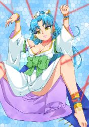 Rule 34 | 1girl, blue hair, breasts, cleavage, commentary request, detached sleeves, glacies, hair ornament, japanese clothes, long hair, looking at viewer, onnaski, ponytail, solo, super robot wars, super robot wars destiny, super robot wars original generation, the 2nd super robot wars og, yellow eyes