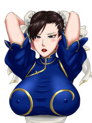 Rule 34 | 1990s (style), 1girl, blush, breasts, capcom, chun-li, double bun, large breasts, lipstick, makeup, ml, simple background, solo, street fighter, street fighter ii (series), white background