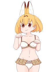 Rule 34 | 10s, 1girl, animal ears, bare arms, bare shoulders, batta (ijigen debris), blonde hair, blush, brown eyes, closed mouth, commentary, cowboy shot, highres, kemono friends, looking at viewer, navel, no tail, panties, paw pose, serval (kemono friends), serval print, short hair, simple background, skirt, smile, solo, standing, thigh gap, underwear, underwear only, white background, white panties, white skirt