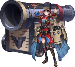 Rule 34 | 1girl, artist request, blue eyes, boots, brown hair, cannon, edinburgh (oshiro project), full body, hat, official art, oshiro project:re, oshiro project:re, salute, short hair, smile, solo, thighhighs, transparent background