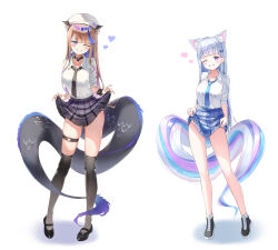 Rule 34 | 2girls, absurdres, airi kanna, animal ear fluff, animal ears, ayatsuno yuni, beret, black choker, black footwear, black necktie, black panties, black wings, blue eyes, blue hair, blue necktie, blue skirt, blush, breasts, brown hair, cat ears, cat tail, choker, clothes lift, collarbone, collared shirt, commentary request, full body, grey skirt, grey thighhighs, grin, hat, head wings, heart, highres, lifting own clothes, looking at viewer, medium breasts, multicolored fur, multicolored hair, multiple girls, necktie, one eye closed, panties, plaid, plaid skirt, puffy short sleeves, puffy sleeves, purple hair, shirt, shoes, short sleeves, simple background, skindentation, skirt, skirt lift, smile, standing, stellive, streaked hair, tail, thighhighs, three twosix, underwear, virtual youtuber, white background, white headwear, white shirt, wings
