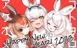 Rule 34 | 2023, 3girls, ;), ;d, ^ ^, animal ear fluff, animal ears, arctic hare (kemono friends), brown eyes, brown hair, capelet, closed eyes, commentary request, double v, fur-trimmed capelet, fur collar, fur trim, happy new year, highres, japanese hare (kemono friends), japari symbol, kemono friends, long hair, looking at viewer, multiple girls, nan okitsune, new year, one eye closed, open mouth, rabbit ears, rabbit girl, red background, school uniform, serafuku, simple background, smile, tsukuyomi shinshi (kemono friends), v, white capelet, white hair, yellow eyes