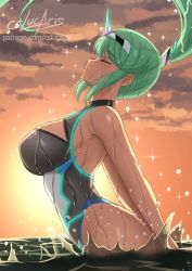 Rule 34 | 1girl, armpit crease, artist name, breasts, cleavage cutout, clothing cutout, commentary, competition swimsuit, cslucaris, english commentary, closed eyes, from side, gem, green hair, hair ornament, headpiece, jewelry, large breasts, long hair, ocean, one-piece swimsuit, outdoors, patreon username, pneuma (xenoblade), ponytail, profile, sidelocks, signature, solo, sunset, swimsuit, thighs, tiara, wading, water, water drop, wet, wet clothes, wet hair, whipping hair, xenoblade chronicles (series), xenoblade chronicles 2