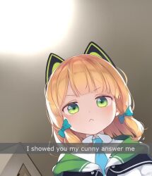 Rule 34 | 1girl, animal ears, annoyed, blonde hair, blue archive, cat ears, cellphone, english text, green eyes, looking at viewer, medium hair, midori (blue archive), necktie, phone, smartphone, solo