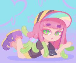 Rule 34 | 1girl, black shirt, blush, boots, dithered background, dithering, drooling, green eyes, green hair, hair ornament, harmony (splatoon), hat, looking at viewer, lying, minimilieu, nintendo, on stomach, pink hair, pixel art, scrunchie, shirt, shorts, solo, splatoon (series), star (symbol), t-shirt, tentacle hair, thick eyebrows