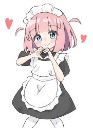 Rule 34 | 1girl, alternate costume, apron, black dress, blue eyes, blush stickers, bocchi the rock!, closed mouth, collared dress, commentary request, dress, enmaided, feet out of frame, frilled apron, frills, gotoh futari, heart, heart hands, highres, kapuru 0410, maid, maid apron, maid headdress, pantyhose, pink hair, puffy short sleeves, puffy sleeves, short sleeves, simple background, smile, solo, two side up, white apron, white background, white pantyhose