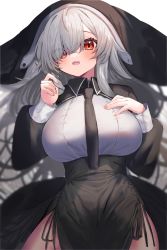 Rule 34 | 1girl, absurdres, black necktie, black skirt, blush, breasts, cowboy shot, grey hair, habit, hair over one eye, hand on own chest, high-waist skirt, highres, large breasts, long hair, long sleeves, looking at viewer, looking back, moti yousei, necktie, nun, open mouth, original, pelvic curtain, red eyes, skirt, solo, underbust, very long hair
