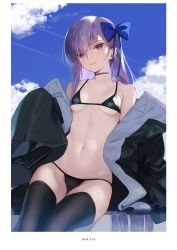 Rule 34 | 1girl, absurdres, bare shoulders, bikini, black bikini, black thighhighs, blue sky, bow, breasts, choker, cloud, collarbone, day, fate/grand order, fate (series), hair bow, hair ornament, highres, linea alba, long coat, long hair, long sleeves, looking at viewer, meltryllis, meltryllis (fate), meltryllis (swimsuit lancer) (fate), meltryllis (swimsuit lancer) (first ascension) (fate), navel, off shoulder, outdoors, parted lips, purple eyes, purple hair, scan, siino, simple background, sitting, sky, sleeves past wrists, small breasts, smile, solo, stomach, swimsuit, thighhighs, thighs