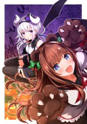 Rule 34 | .live, 2girls, animal ears, animal hands, bear ears, black legwear, blue eyes, brown hair, carro pino, commentary request, demon horns, demon tail, fake animal ears, fang, halloween, headband, highres, horns, jack-o&#039;-lantern, kakyouin chieri, looking at viewer, low twintails, multiple girls, namae hamada, open mouth, purple eyes, purple hair, school uniform, tail, thighhighs, tongue, tongue out, twintails, virtual youtuber