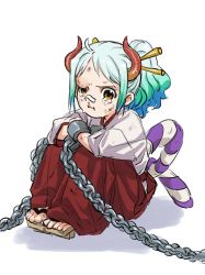 Rule 34 | 1girl, aged down, ahoge, arm rest, bandaid, bandaid on face, bandaid on nose, blood, bruise, bruise on face, chain, child, crossed arms, crying, crying with eyes open, cuffs, curled horns, dirty, dirty clothes, geta, hakama, hakama pants, high ponytail, highres, horns, injury, japanese clothes, kimono, knees up, medium hair, multicolored horns, nosebleed, one piece, oni, orange eyes, orange hair, orange horns, pants, red horns, rope, seiza, shackles, shimenawa, sitting, solo, spoilers, tears, toes, unhappy, urasanmyaku, yamato (one piece)