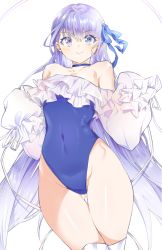 Rule 34 | 1girl, bad id, bad pixiv id, bare shoulders, blue choker, blue one-piece swimsuit, blue ribbon, blush, breasts, choker, closed mouth, collarbone, covered navel, cpqm, fate/grand order, fate (series), frills, hair between eyes, highleg, highleg swimsuit, highres, long hair, long sleeves, looking at viewer, medium breasts, meltryllis, meltryllis (fate), meltryllis (swimsuit lancer) (fate), meltryllis (swimsuit lancer) (second ascension) (fate), one-piece swimsuit, puffy sleeves, purple eyes, purple hair, ribbon, simple background, sleeves past fingers, sleeves past wrists, smile, solo, swimsuit, thighs, very long hair, white background