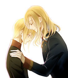 Rule 34 | 2boys, black jacket, blonde hair, buttons, collared jacket, curtained hair, closed eyes, father and son, from side, gloves, hand on another&#039;s shoulder, jacket, leonhard von granzreich, lm 0063, male focus, medium hair, multiple boys, oushitsu kyoushi heine, profile, short hair with long locks, simple background, smile, surprised, upper body, viktor von granzreich, white background, white gloves, wide-eyed