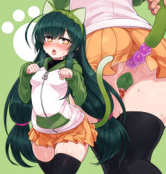 Rule 34 | 1girl, anal, anal beads, anal object insertion, anal tail, animal ears, ass, black thighhighs, butt plug, cameltoe, cat ears, cat tail, cleft of venus, fake animal ears, fake tail, green hair, highres, hood, hooded jacket, jacket, long hair, long sleeves, maebari, miniskirt, null (nyanpyoun), object insertion, orange skirt, paw pose, pleated skirt, sex toy, skindentation, skirt, solo focus, tail, thighhighs, touhoku zunko, voiceroid, zettai ryouiki