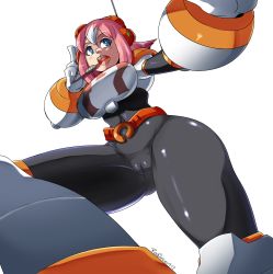 Rule 34 | 1girl, android, armor, artist name, belt, blue eyes, bodysuit, breastplate, breasts, cameltoe, cleft of venus, curvy, dutch angle, from below, gloves, headgear, headset, highres, medium breasts, mega man (series), mega man x: command mission, mega man x (series), multicolored hair, nana (mega man x: command mission), open mouth, pink hair, radlionheart, skin tight, solo, spandex, teeth, thick thighs, thighs, transparent background, two-tone hair, white gloves, white hair, wide hips