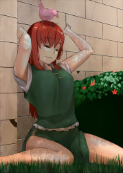 Rule 34 | 1girl, animal, animal on head, anklet, armpit peek, arms up, bare legs, bird, bird on head, brick wall, chinese clothes, conabe, drooling, closed eyes, grass, hong meiling, jewelry, knees together feet apart, long hair, on head, outdoors, red hair, saliva, saliva trail, side slit, sitting, sleeping, sleeping upright, solo, stretching, touhou, wariza