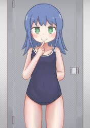 Rule 34 | 1girl, arm behind back, bare arms, bare legs, bare shoulders, blue hair, blue one-piece swimsuit, breasts, chinese commentary, collarbone, commentary request, covered navel, cowboy shot, door, finger to mouth, gluteal fold, green eyes, highres, light blush, long hair, looking at viewer, momoku, one-piece swimsuit, onii-chan wa oshimai!, school swimsuit, small breasts, smile, solo, swimsuit, tenkawa nayuta, thighs, toilet stall