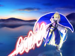 Rule 34 | 1girl, armor, artoria pendragon (fate), avalon (fate/stay night), bad id, bad pixiv id, blonde hair, breastplate, cape, energy weapon, fate/stay night, fate (series), fur-trimmed cape, fur trim, green eyes, highres, reflection, saber (fate), short hair, solo, standing, standing on liquid, type-moon, water, weapon, yuu (4884411)