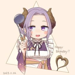 Rule 34 | 1girl, apron, black ribbon, blush, breasts, brown background, brown horns, commentary request, dated, demon girl, demon horns, demon tail, ear flower, flower, happy birthday, holding, holding ladle, horns, japanese clothes, kimono, ladle, long hair, looking to the side, medium breasts, mole, mole under mouth, nanashi inc., neck ribbon, open mouth, pointy ears, purple brooch, purple eyes, purple hair, purple kimono, ribbon, saionji mary, smile, smith.s, solo, tail, triangle, upper body, virtual youtuber, white apron, white flower