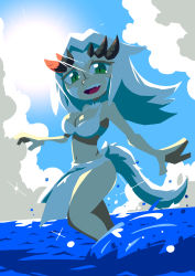 Rule 34 | 1girl, bare shoulders, barefoot, bikini, breasts, cleavage, dark souls (series), dark souls i, doll, dragon girl, green eyes, highres, horns, large breasts, long hair, looking at viewer, monster girl, navel, open mouth, priscilla the crossbreed, setz, simple background, slit pupils, smile, solo, swimsuit, tail, white bikini, white hair