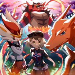 Rule 34 | 1girl, absurdres, baseball cap, bob cut, brown hair, champion uniform, charizard, cinderace, clenched hand, closed mouth, commentary request, creatures (company), dynamax band, eyelashes, fire, game freak, gen 1 pokemon, gen 7 pokemon, gen 8 pokemon, gloria (pokemon), gloves, hat, highres, holding, holding poke ball, huge filesize, incineroar, leggings, ninahachi, nintendo, poke ball, poke ball (basic), pokemon, pokemon (creature), pokemon swsh, shirt, short hair, short shorts, short sleeves, shorts, single glove, smile, white shorts, yellow eyes