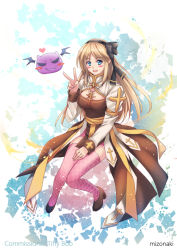 Rule 34 | 1girl, alternate color, arch bishop (ragnarok online), black bow, black footwear, black hairband, blonde hair, blue eyes, bow, breasts, cleavage, cleavage cutout, clothing cutout, commentary, cross, demon, deviling, dress, fishnet thighhighs, fishnets, full body, hair bow, hairband, heart, high heels, jewelry, long hair, long sleeves, looking at viewer, medium breasts, mizonaki, necklace, open mouth, pink thighhighs, ragnarok online, sash, slime (creature), smile, thighhighs, two-tone dress, v, white dress, yellow sash