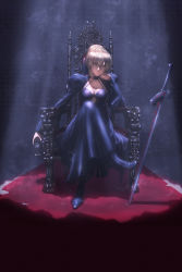 Rule 34 | 1girl, absurdres, artoria pendragon (all), artoria pendragon (fate), black dress, black footwear, blonde hair, braid, braided bun, breasts, carpet, chair, chalice, cleavage, commentary, covered erect nipples, crossed legs, crown braid, cup, dark background, dress, elbow rest, excalibur morgan (fate), expressionless, fate/grand order, fate (series), hair between eyes, hair bun, hand on own cheek, hand on own face, head rest, high heels, highres, long bangs, looking at viewer, medium breasts, mugetsu2501, pale skin, planted, planted sword, planted weapon, red carpet, saber alter, single hair bun, solo, spotlight, sword, throne, weapon, yellow eyes