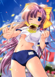 Rule 34 | 1girl, absurdres, anpan, blue eyes, bow, breasts, buruma, clothes lift, confetti, flag, food, food in mouth, hair bow, highres, komatsu eiji, medium breasts, mouth hold, navel, no bra, one eye closed, ponytail, purple hair, shirt lift, track and field, underboob, v, wink