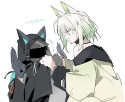 Rule 34 | 1girl, 1other, ambiguous gender, anger vein, angry, animal ears, arknights, bare shoulders, black choker, black coat, black gloves, cat ears, chinese commentary, choker, clothes grab, coat, commentary request, doctor (arknights), ears through headwear, from side, gloves, green eyes, green hair, green jacket, hands up, highres, hood, hood up, hooded coat, jacket, jacket grab, kal&#039;tsit (arknights), ling s, looking at another, mask, motion lines, off shoulder, parted lips, profile, short hair, simple background, teeth, torso grab, translation request, white background