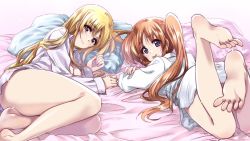 Rule 34 | 2girls, :p, bed, bed sheet, blonde hair, blue eyes, brown hair, closed mouth, commentary request, dress shirt, fate testarossa, feet, feet up, from behind, hair tie, kuroi mimei, legs, long hair, long sleeves, looking at viewer, looking back, lying, lyrical nanoha, mahou shoujo lyrical nanoha strikers, multiple girls, naked shirt, on bed, on side, on stomach, pillow, red eyes, shirt, side ponytail, smile, takamachi nanoha, tongue, tongue out, white shirt