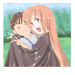 Rule 34 | 1boy, 1girl, blush, breasts, cape, fangs, long hair, looking at viewer, monster girl, outdoors, peril, photo (object), red hair, smile, tagme, v, vampire