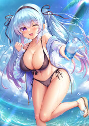Rule 34 | 1girl, ;d, bare shoulders, bikini, bikini under clothes, black bikini, black hairband, black ribbon, blue hair, blue jacket, blue sky, blush, bottle, breasts, brown footwear, cleavage, commentary request, day, fisheye, gradient hair, hair ribbon, hairband, highres, holding, holding bottle, hood, hood down, hooded jacket, jacket, large breasts, long hair, long sleeves, looking at viewer, multicolored hair, off shoulder, one eye closed, open clothes, open jacket, open mouth, original, outdoors, palm tree, pinching sleeves, puffy long sleeves, puffy sleeves, purple eyes, purple hair, ribbon, sandals, side-tie bikini bottom, sky, sleeves past wrists, smile, solo, splashing, standing, standing on one leg, swimsuit, teeth, tree, twintails, umitonakai, upper teeth only, very long hair, water, water bottle