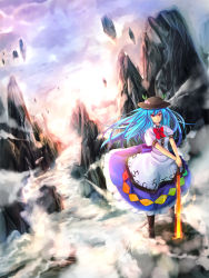 Rule 34 | 1girl, blue hair, boots, canyon, hat, highres, hinanawi tenshi, long hair, red eyes, solo, sword of hisou, touhou, untue, wind