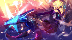 Rule 34 | blonde hair, blue eyes, boots, elbow gloves, feathers, gloves, gun, highres, panamaman, s4 league, skirt, solo, weapon