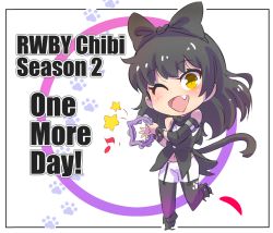 Rule 34 | 1girl, black hair, blake belladonna, boots, bow, cat tail, chibi, english text, hand fan, fang, hair bow, iesupa, instrument, musical note, one eye closed, pantyhose, paw print, rwby, rwby chibi, solo, tail, tambourine, wink, yellow eyes