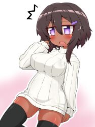 Rule 34 | :o, arm at side, black thighhighs, blush, breasts, brown hair, covered erect nipples, dark-skinned female, dark skin, embarrassed, feet out of frame, furrowed brow, hair between eyes, hair ornament, hairclip, hand up, highres, large breasts, long sleeves, medium hair, open mouth, purple eyes, ribbed sweater, senyou6060, sidelocks, skindentation, sleeves past wrists, striped, sweater, thighhighs, turtleneck, turtleneck sweater, vertical stripes, wavy mouth, white sweater, wonderland wars, zettai ryouiki