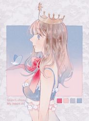 Rule 34 | 1girl, aqua bra, blue background, blue eyes, blush, bow, bra, bug, butterfly, crown, english text, flower, gradient background, highres, insect, original, pink background, profile, red bow, red ribbon, ribbon, sakuraba nao, solo, sparkle, underwear, upper body, white flower