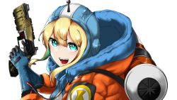 Rule 34 | 1girl, :d, aimusu, amano pikamee, apex legends, blonde hair, blue gloves, cosplay, gloves, green eyes, green hair, gun, hair between eyes, handgun, hands up, highres, holding, holding gun, holding weapon, hood, hood down, hooded jacket, jacket, long sleeves, looking at viewer, looking to the side, multicolored hair, open mouth, orange jacket, pistol, puffy long sleeves, puffy sleeves, sharp teeth, sidelocks, simple background, smile, solo, teeth, two-handed, two-tone hair, upper body, virtual youtuber, voms, wattson (apex legends), wattson (apex legends) (cosplay), weapon, white background