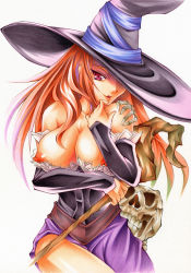 Rule 34 | 1girl, bare shoulders, breasts, calnarsa, detached sleeves, dragon&#039;s crown, dress, hat, hat over one eye, highres, large breasts, long hair, nipple slip, nipples, one eye covered, red eyes, red hair, skeleton, solo, sorceress (dragon&#039;s crown), staff, strapless, strapless dress, witch hat