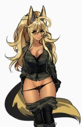 Rule 34 | :&lt;, ahoge, animal ears, ankh (nsfwolf), big hair, black bra, black gloves, black panties, blonde hair, bra, breasts, camouflage, camouflage jacket, camouflage pants, cleavage, clothes pull, dark-skinned female, dark skin, gloves, highres, huge ahoge, jackal ears, jacket, knee pads, lace, lace-trimmed bra, lace trim, large breasts, long tail, looking at viewer, military, multicolored tail, nsfwolf, original, panties, pants, pants pull, panty pull, pulling own clothes, pussy, pussy peek, standing, tail, thick eyebrows, thigh gap, underwear, white background, yellow eyes